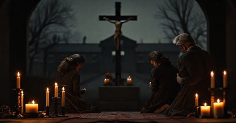 Tradycyjna polska rodzina modli się przed krzyżem w ciemnym pokoju z zapalonymi świecami i religijnymi przedmiotami na tle Auschwitz-Birkenau.