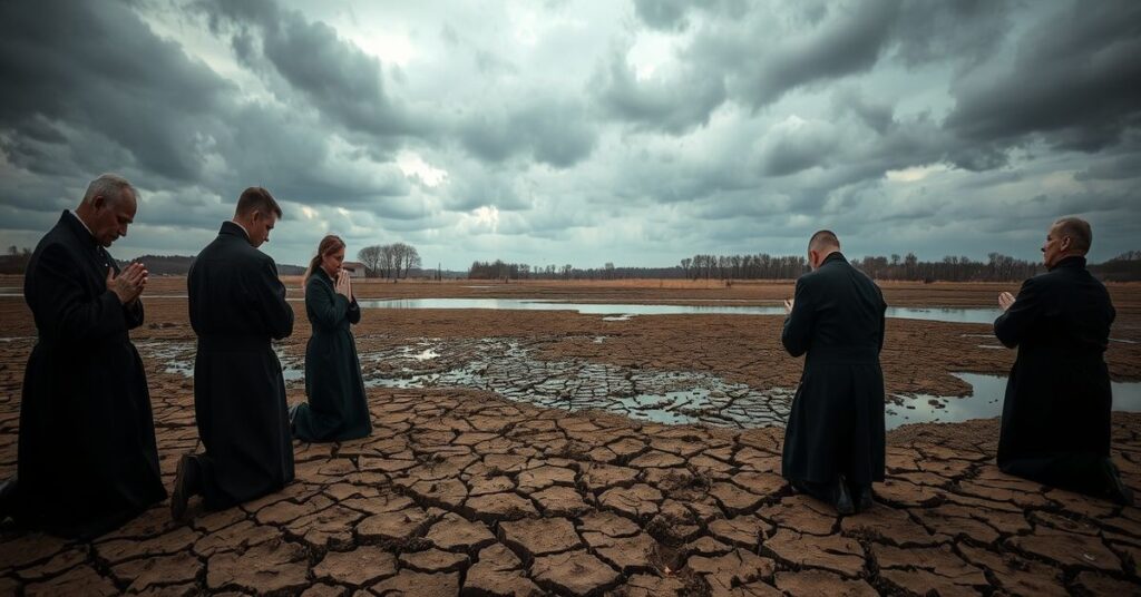 Obraz przedstawiający wyschnięte Jezioro Czorsztyńskie z grupą katolików modlących się w tle