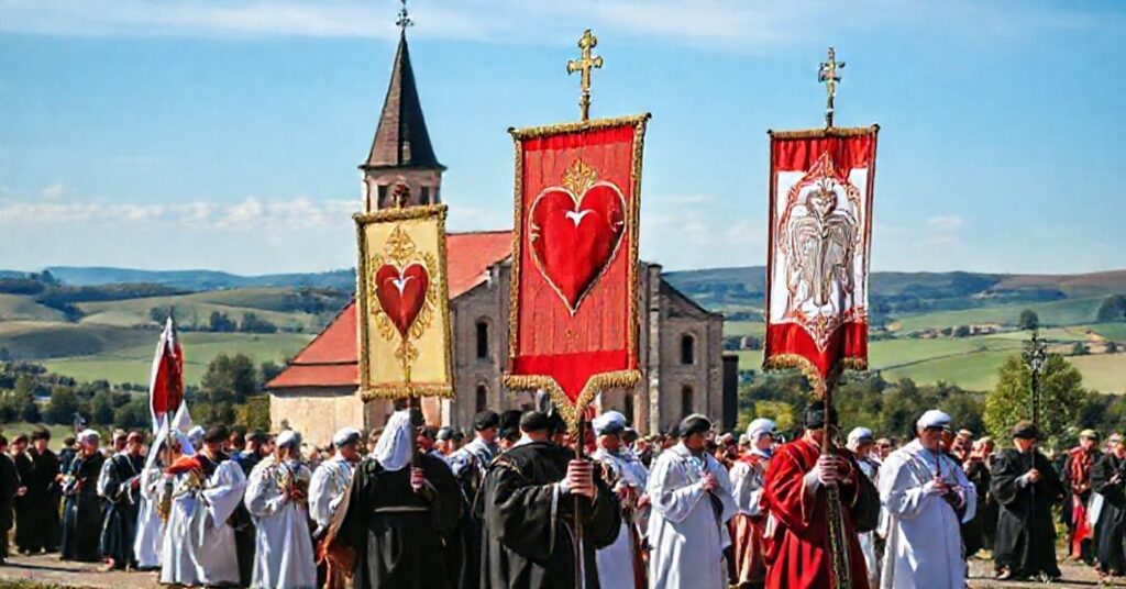 Uroczysta procesja katolicka w Polsce z udziałem wiernych noszących sztandary Serca Jezusa i Niepokalanego Serca Maryi przed historycznym kościołem.