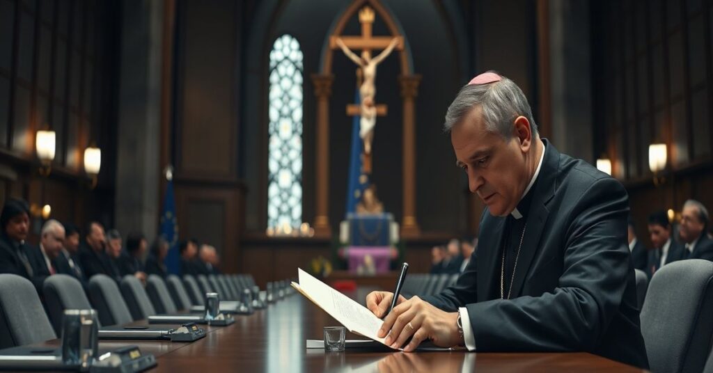 Premier Donald Tusk podczas szczytu UE w Brukseli 19 marca 2026 r., podpisujący dokument dotyczący reformy ETS z kontrastującym tłem kościoła z krzyżem jako symbolizacją moralnego konfliktu.