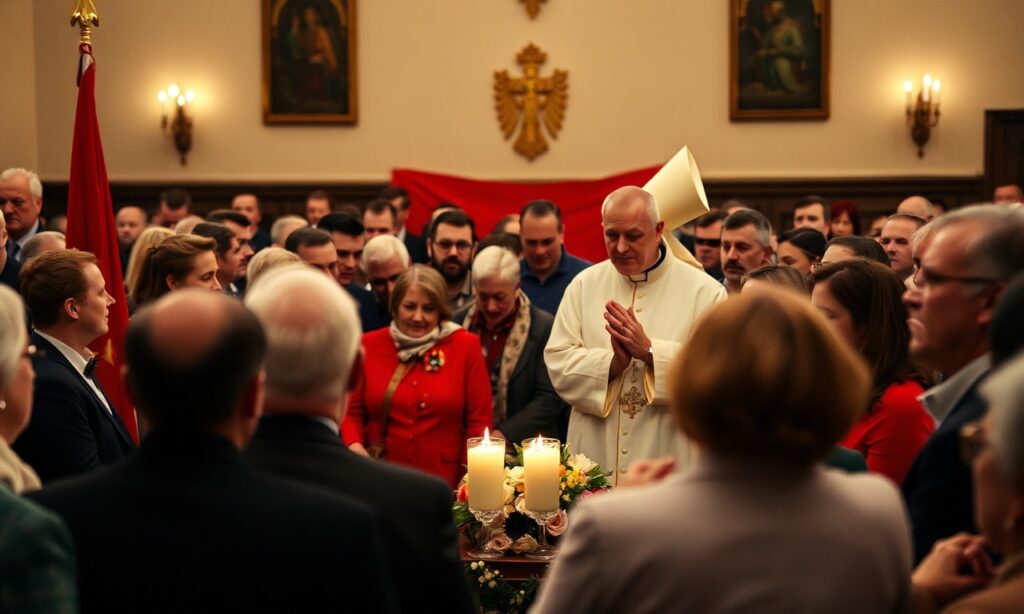 Zdjęcie przedstawia grupę Polaków w uroczystym zebraniu z prezydentem Karolem Nawrockim i innymi ważnymi osobami. Scena jest wypełniona szacunkiem i poczuciem wspólnoty, z polską flagą i symbolami religijnymi subtelnie obecnymi. Atmosfera jest głębokiego duchowego refleksji i jedności w wierze.