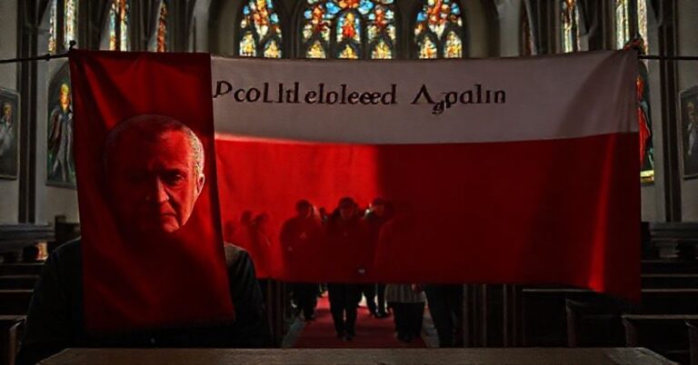 Tradycyjny katolicki baner z polską flagą na ołtarzu, przedstawiający twarze Szymona Hołowni i Władysława Kosiniaka-Kamysza w cieniu, podczas gdy grupa migrantów idzie na tle. Scena rozgrywa się w poważnym wnętrzu kościoła z witrażami przedstawiającymi polskich świętych.