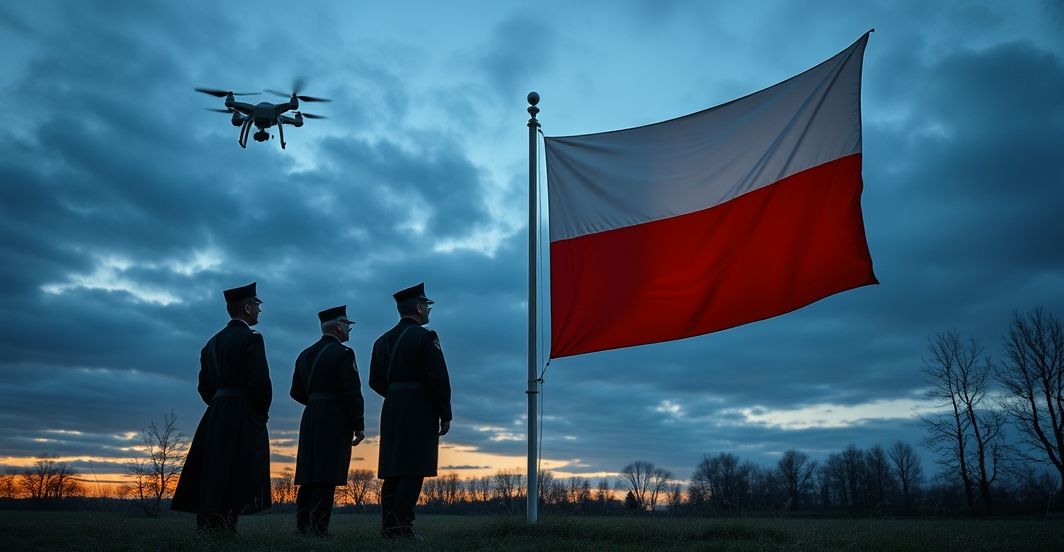 Polscy urzędnicy i wojsko patrzący na flagę podczas porannej refleksji nad zagrożeniem dronów, symbolizując duchowe wezwanie do obrony suwerenności w wierze katolickiej