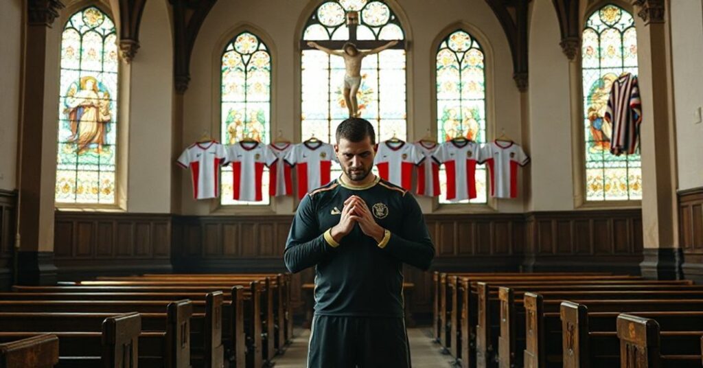 Modlitwa piłkarza w kościele - tradycyjne kramki na tle krucyfiksu i witraży