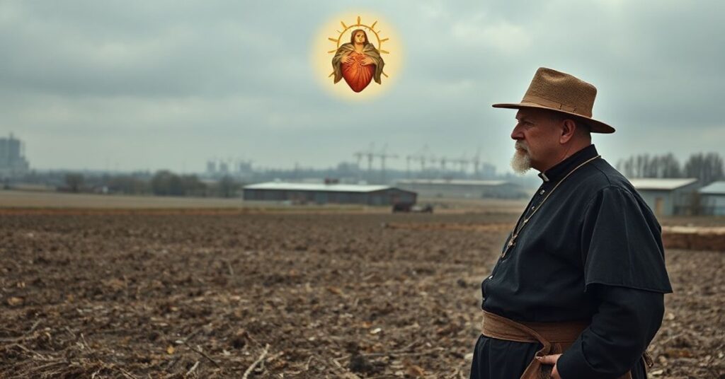 Polski chłop w tradycyjnym stroju stoi na zaniedbanym polu, patrząc na dalekie przemysłowe fermy kurczaków. Scena symbolizuje konflikt między katolickim porządkiem a globalistycznym wyżyciem.