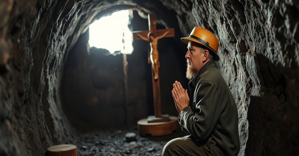 Polski górnik w tradycyjnym stroju pracy modli się przed krzyżem w kopalni węgla kamiennego. Scena symbolizuje kryzys moralny i ekonomiczny polskiego górnictwa z katolickiego punktu widzenia.