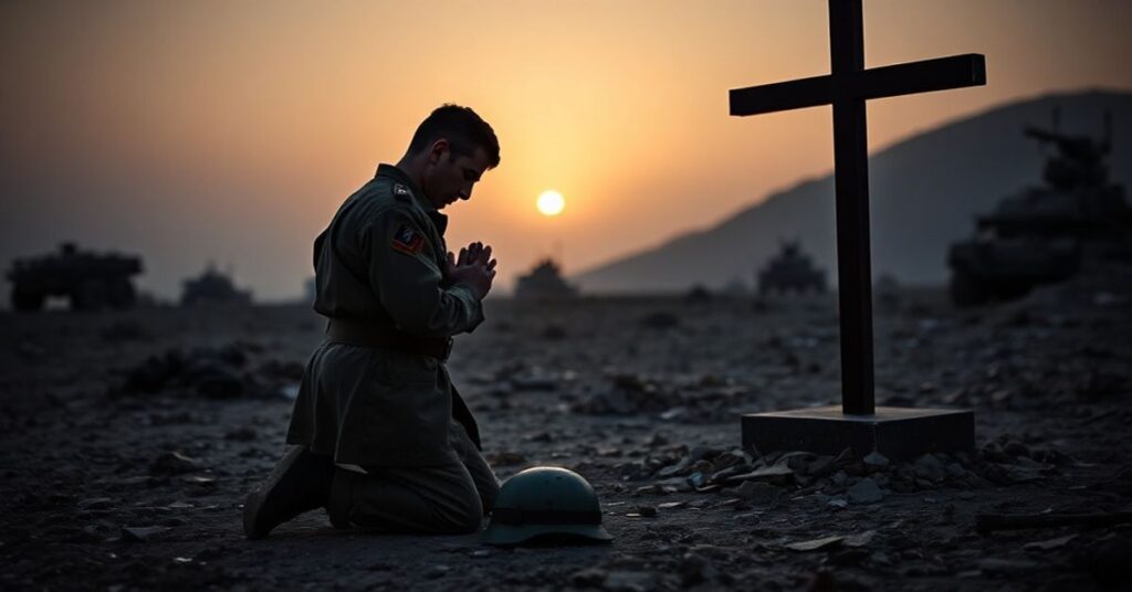 Polski żołnierz w tradycyjnym mundurze modli się przed krucyfiksem na tle zniszczonego Afganistanu
