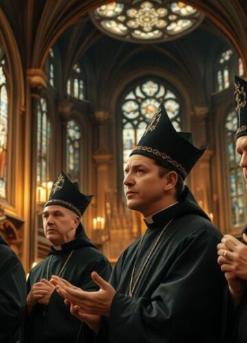 Polskie duchowieństwo modlące się w obronie prawowitego Kościoła Fotografia realistyczna katolickiego duchowieństwa modlącego się w kościele, symbolizująca odrzucenie modernistycznych błędów i wierność tradycyjnej nauce Kościoła