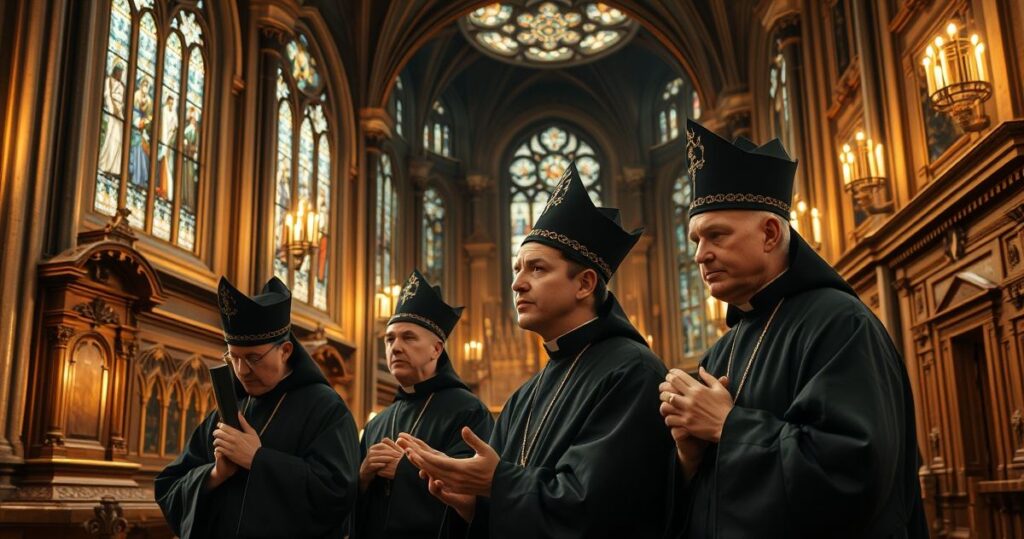 Fotografia realistyczna katolickiego duchowieństwa modlącego się w kościele, symbolizująca odrzucenie modernistycznych błędów i wierność tradycyjnej nauce Kościoła