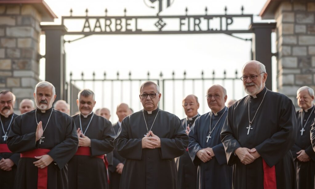 Grupa polskiego duchowieństwa katolickiego na modlitwie przed Bramą Dachau z napisem 'Arbeit Macht Frei', symbolizująca pamięć o męczennikach obozu koncentracyjnego.