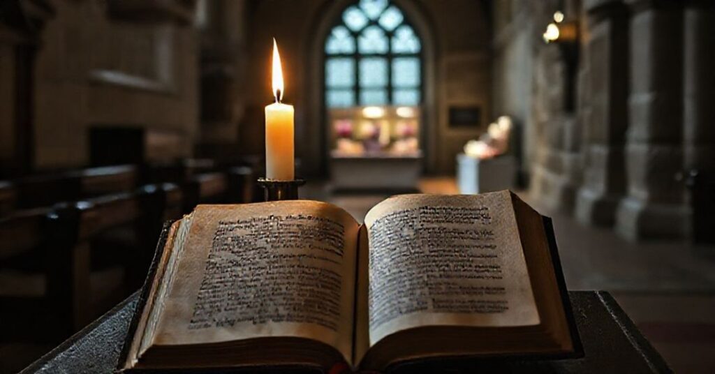 Ciemna wnętrza tradycyjnego kościoła z płonącym świeczką oświetlającą stary brewiarz z fragmentem Lamentabili Sane św. Piusa X. Na tle widoczny jest nowoczesny stoisko z kosmetykami naturalnymi, kontrastujące z sakralnym otoczeniem.