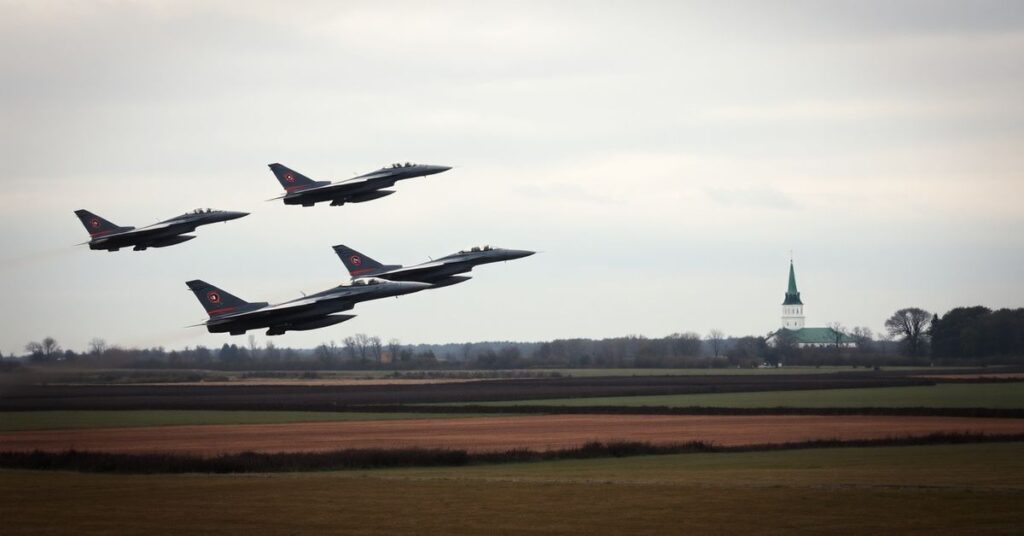 Polskie myśliwce w powietrzu nad wsią z widocznym kościołem katolickim na tle. Scena symbolizuje zapomnienie o Panowaniu Chrystusa Króla w czasie kryzysu.