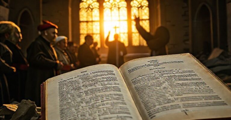 Grupa polskich ofiar II wojny światowej przed zniszczonym kościołem z encykliką Piusa XI i sceną dyskusji polityków.