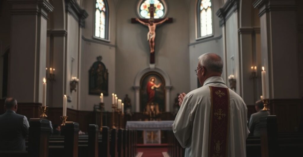 Sanktuarium katolickie w Polsce, kapłan modlący się za naród w obliczu zagrożeń wojennych, symbol pokory i duchowej obrony