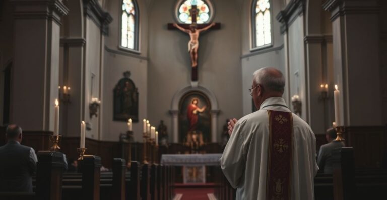 Sanktuarium katolickie w Polsce, kapłan modlący się za naród w obliczu zagrożeń wojennych, symbol pokory i duchowej obrony