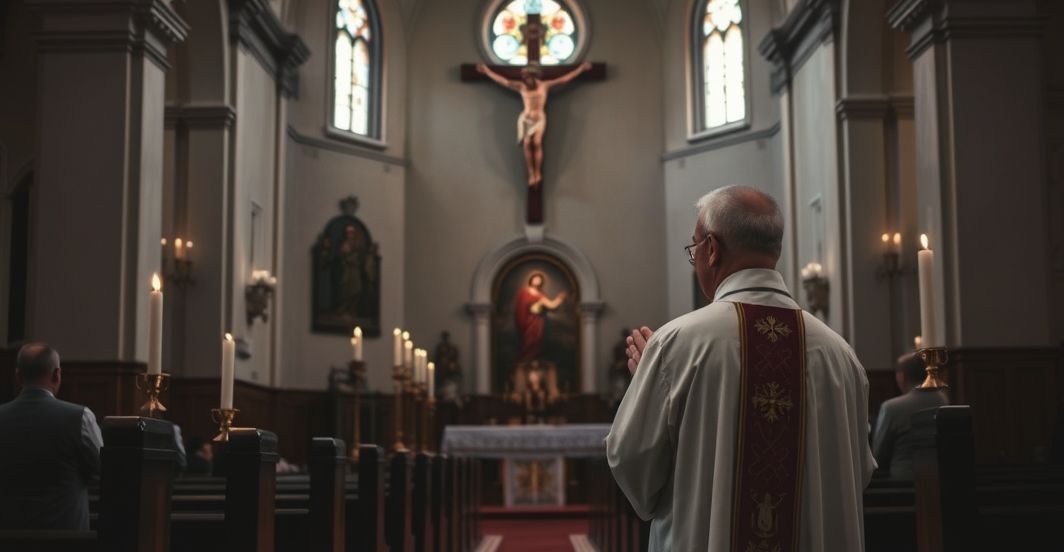 Polskie sanktuarium katolickie w modlitwie o pokój i suwerenność Sanktuarium katolickie w Polsce, kapłan modlący się za naród w obliczu zagrożeń wojennych, symbol pokory i duchowej obrony