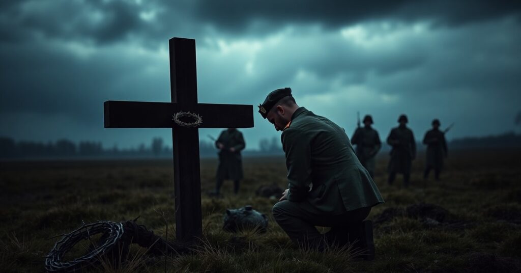 Polski żołnierz modlący się przed krzyżem na polu bitwy z niemieckimi wojskowymi w tle