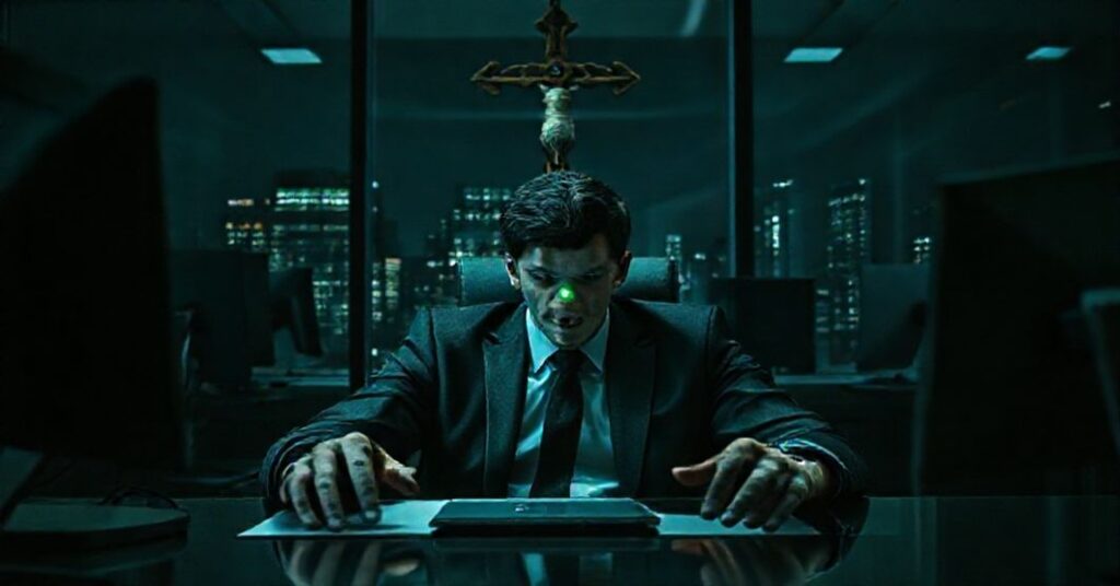 Młody mężczyzna w biurze korporacyjnym z wyczerpanym wyrazem twarzy i pomarańczową kropką na monitorze.