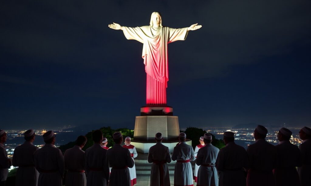 Obraz Chrystusa Odkupiciela w Rio de Janeiro oświetlonego w barwach biało-czerwonych z grupą polskich pielgrzymów modlących się przed nim