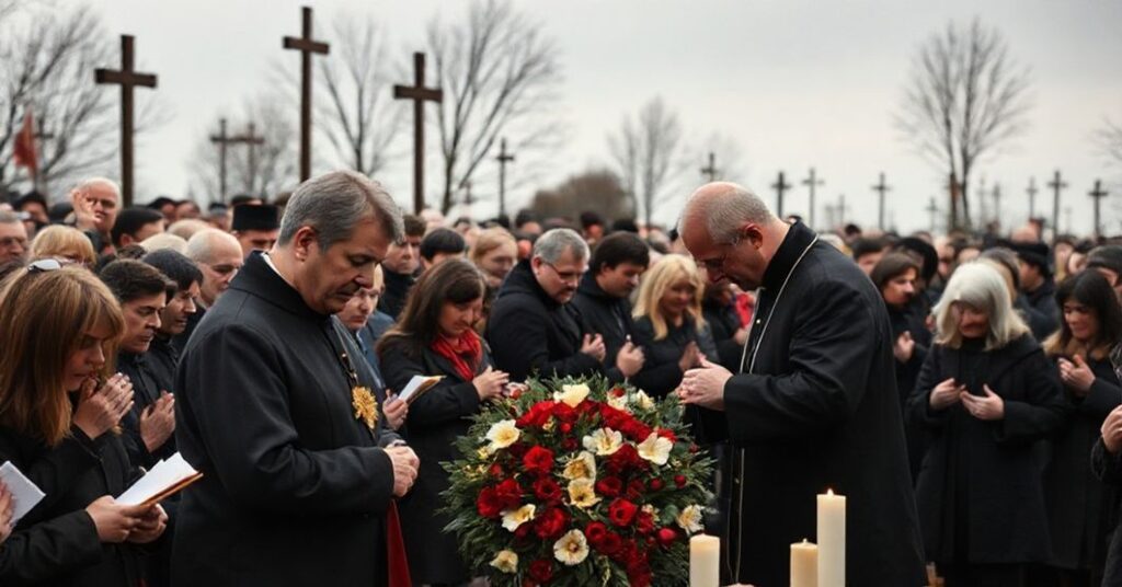 Grupka katolików modli się przed pomnikiem Ofiar Grudnia 1970 w Gdyni, podczas uroczystości z udziałem prezydenta Karola Nawrockiego.