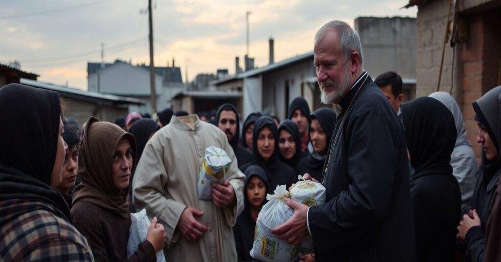 Scena duchownego ks. Tomasza Kancelarczyka rozdającego materiałne pomocy biednym bez akcentu na duchowe nawrócenie