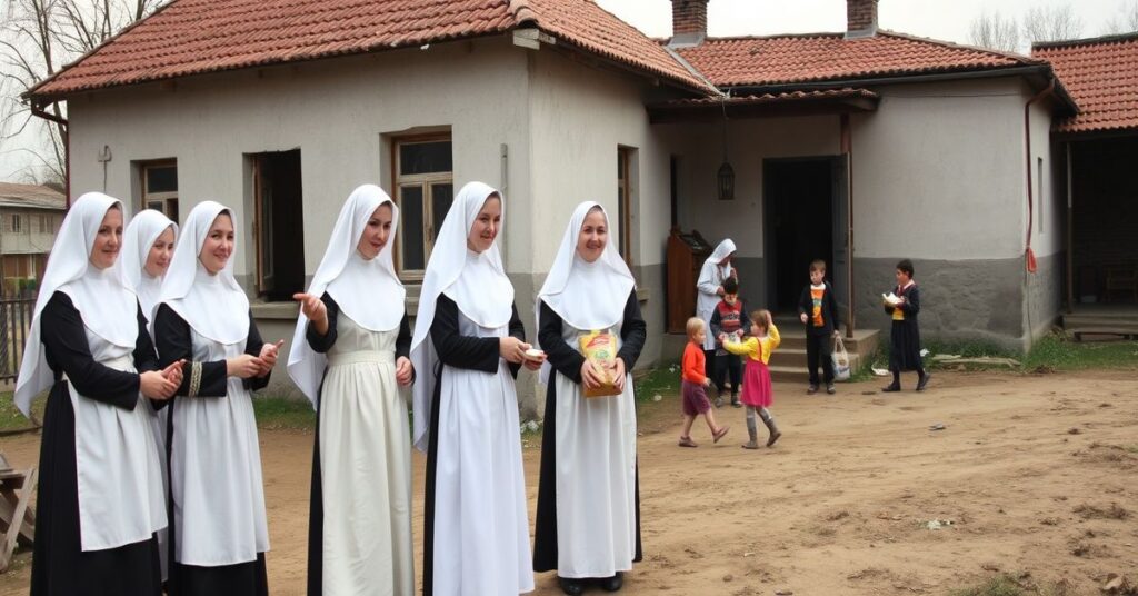 Siostry zakonne w tradycyjnych habitach pomagają rodzinom na Ukrainie podczas wojny, gdzie brakuje elementów ewangelizacyjnych.