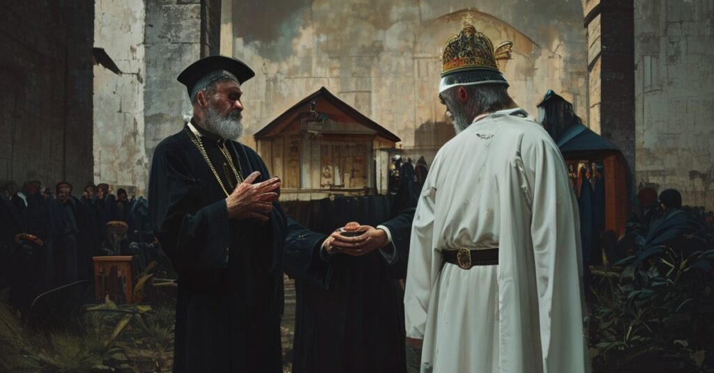 Ksiądz katolicki w tradycyjnych szatach stojący przed zniszczonym cerkiewnym budynkiem w Ukrainie