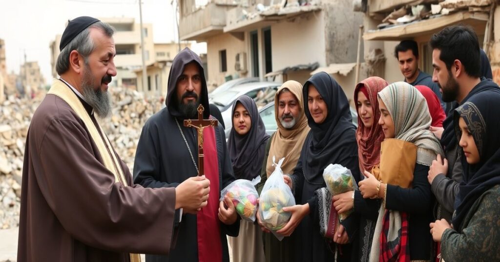 Tradycyjny katolicki księż w surpakcie rozdaje pomoc humanitarną rodzinom syryjskim w Aleppo podczas Wielkiego Postu. Tło podkreśla konieczności duchowej odnowy i nawrotu do wiary katolickiej.