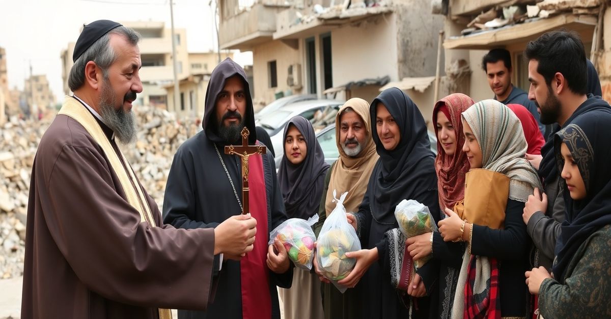 Tradycyjny katolicki księż w surpakcie rozdaje pomoc humanitarną rodzinom syryjskim w Aleppo podczas Wielkiego Postu. Tło podkreśla konieczności duchowej odnowy i nawrotu do wiary katolickiej.