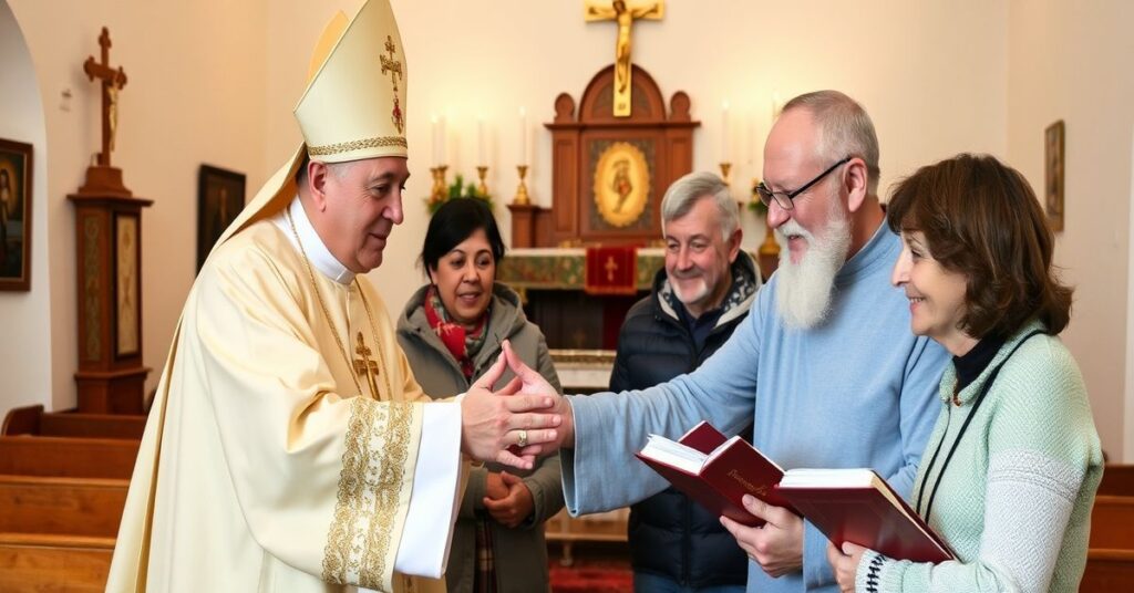 Obraz przedstawiający arcybiskupa Tadeusza Wojdę SAC w tradycyjnym kościelnym otoczeniu udzielającego pomocy ukraińskiej rodzinie uchodźców.