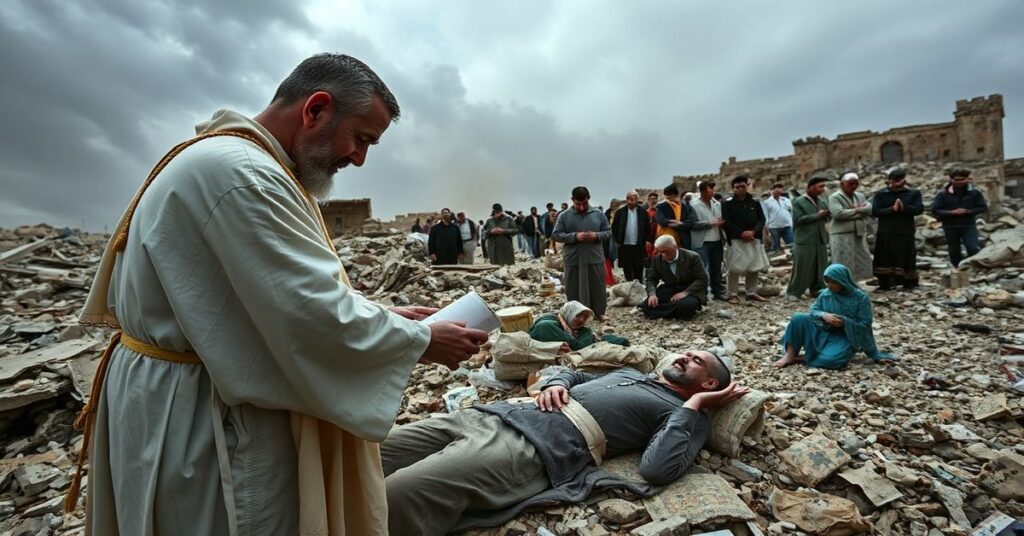 Ubieganie się o pomoc katolicką w Libanie po izraelskim ataku w 2026 roku. Kapłan administruje sakramenty w ruinach kościoła.