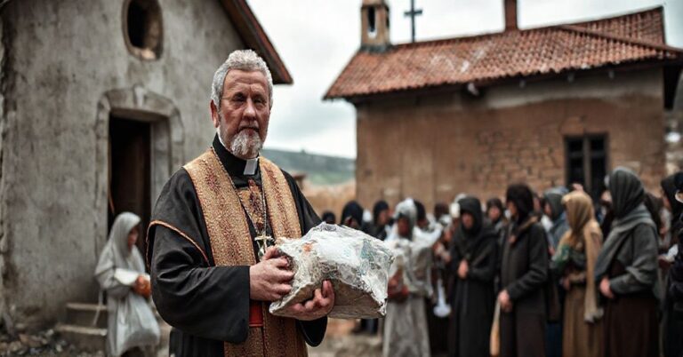 Ksiądz w tradycyjnych szatach kościelnych udziela pomocy materialnej na tle zniszczonego kościoła wschodnioeuropejskiego.