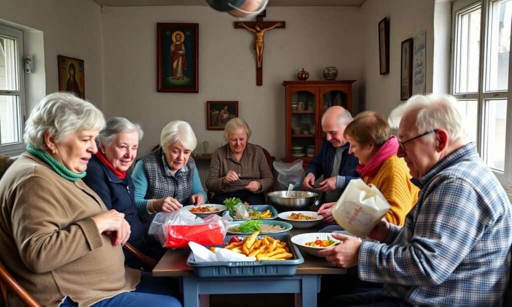 Grupa seniorów otrzymuje pomoc żywnościową w schronisku Caritas w Kidowie