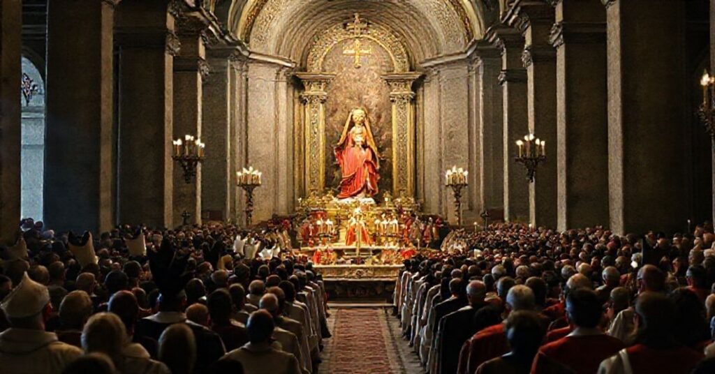 Scena przedstawiająca sanktuarium w Pompejach podczas kontrowersyjnej uroczystości z obrazem Matki Bożej Różańcowej. W tle widoczny jest kard. Pietro Parolin, symbolizujący modernistyczną profanację świętości.