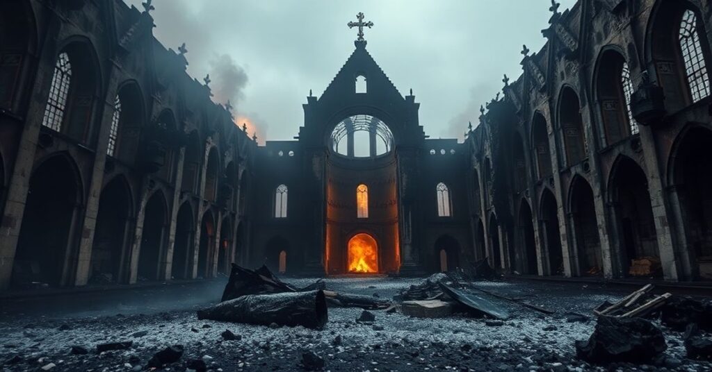 Zdjęcie spalonego kościoła Vondelkerk w Amsterdamie symbolizujące apostazję Zachodu i Boży sąd.