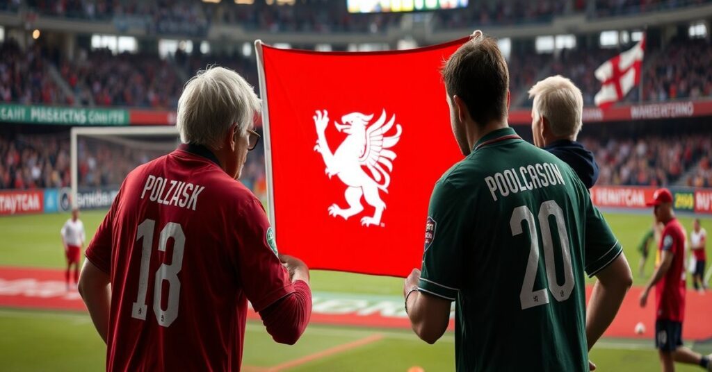 Zdjęcie meczu piłkarskiego Polski ze Szwecją z 2026 roku, ukazujące porażkę polskiej reprezentacji. Tło stanowi stary kościół, symbolizujący duchowy wymiar sportu.