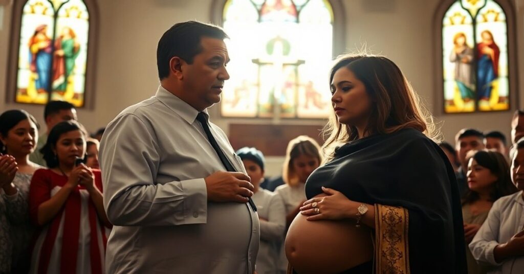 Senator Rodríguez-Veve przemawia do tłumu przed tradycyjnym kościołem katolickim w Portoryko z kobietą w ciąży na pierwszym planie.