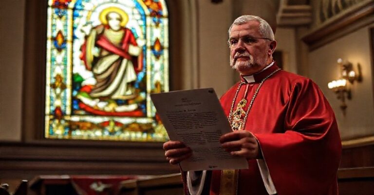 Katylicki biskup w tradycyjnym stroju liturgicznym trzyma dokument o potępieniu działań wojskowych USA na Karaibach w kościele.