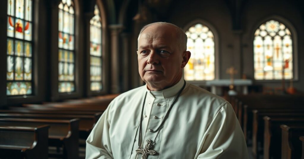 Portret 'abp.' Andrzeja Przybylskiego w tradycyjnych szatach biskupich w starożytnym kościele z witrażami.