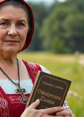 Portret Antoniny Leńkowej - Zapomniana ekologiczna pionierka Polski Portret Antoniny Leńkowej w tradycyjnym stroju z krzyżem na szyi stojącej w pięknej polskiej przyrodzie z książką 'Oskalpowana Ziemia'.