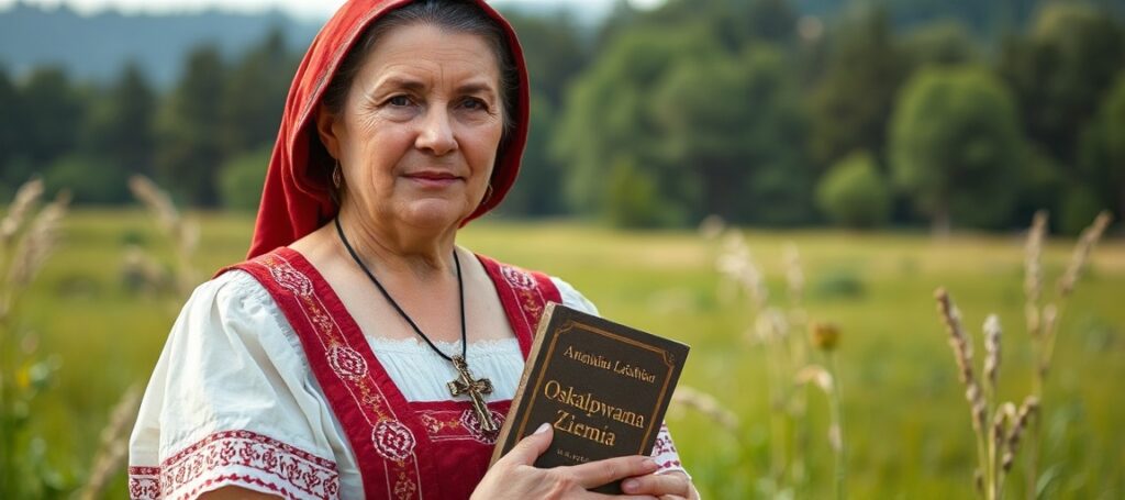 Portret Antoniny Leńkowej w tradycyjnym stroju z krzyżem na szyi stojącej w pięknej polskiej przyrodzie z książką 'Oskalpowana Ziemia'.