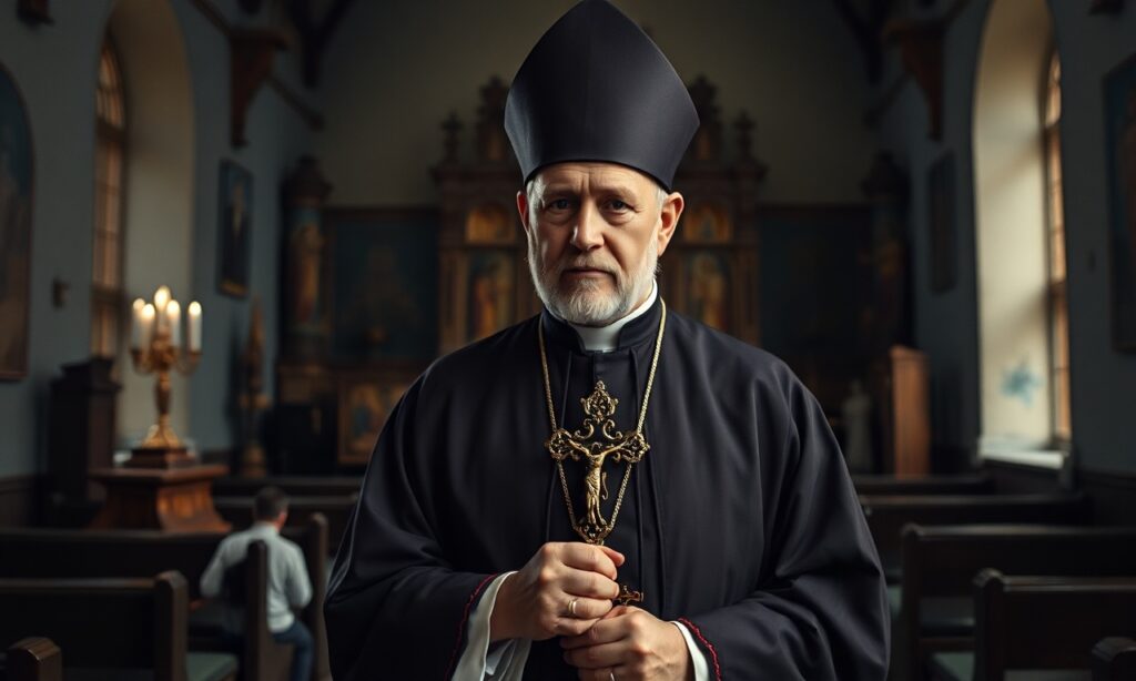 Portret Arcybiskupa Józefa Michalika w tradycyjnych szatach kościelnych w historycznym kościele w Polsce