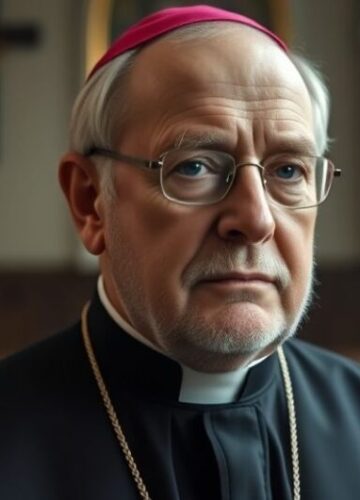 Portret biskupa Dydycza w tradycyjnym katolickim stylu Portret realistyczny biskupa Dydycza w stroju kapłańskim, w poważnym nastroju, w tradycyjnej katolickiej scenerii kościelnej, odzwierciedlający krytykę modernizmu i apostazji