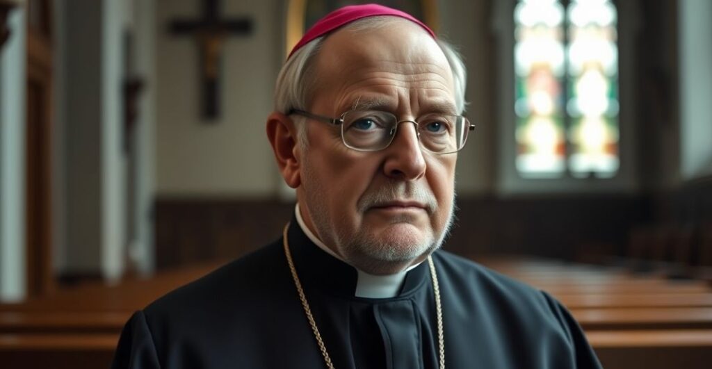 Portret realistyczny biskupa Dydycza w stroju kapłańskim, w poważnym nastroju, w tradycyjnej katolickiej scenerii kościelnej, odzwierciedlający krytykę modernizmu i apostazji