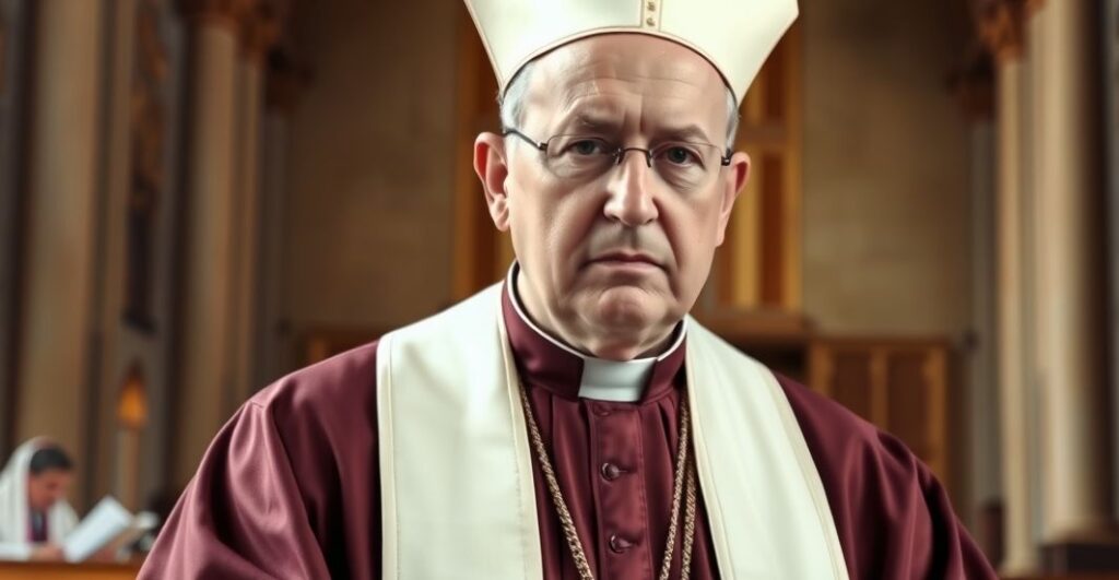 Portret biskupa katolickiego w stroju liturgicznym, wyraz powagi, w otoczeniu kościoła, przedstawiający krytykę modernistycznych i politycznych nadużyć w Kościele