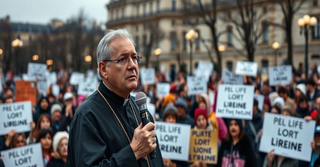 Portret "biskupa" Dominique Reya podczas Marszu dla Życia w Paryżu - bez odwołań do Chrystusa Króla.