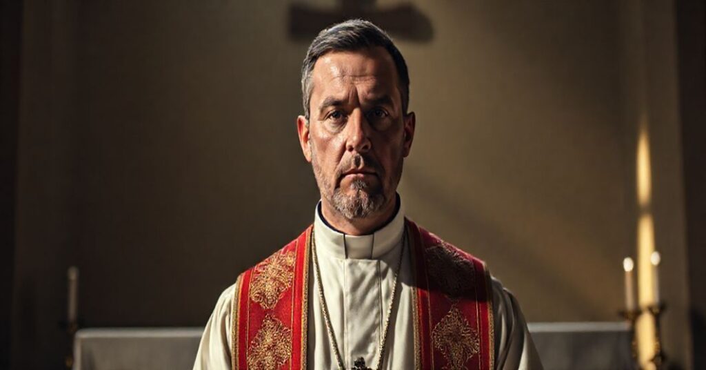 Porywający portret tradycyjnego katolickiego kapłana w stroju liturgicznym, stojącego przed prostym ołtarzem z krzyżem. Twarz wyraża cierpieństwo i heroizm wiary, z cieńmi więzienia w tle, symbolizującymi walki z apostazją modernistyczną.