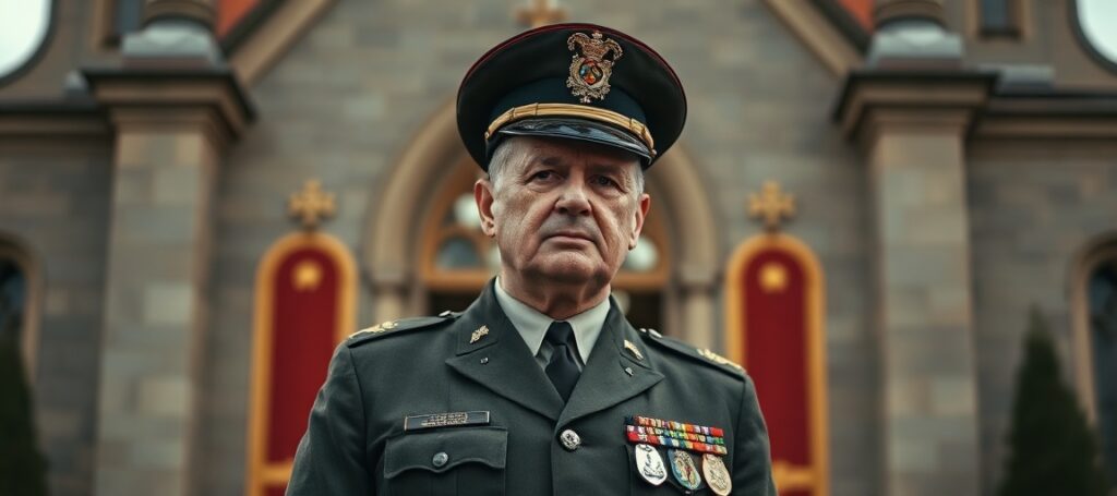 Portret gen. Ireneusza Nowaka w mundurze wojskowym przed kościołem katolickim z posągiem Chrystusa Króla, symbolizujący kontrast pomiędzy władzą świecką a boskim panowaniem