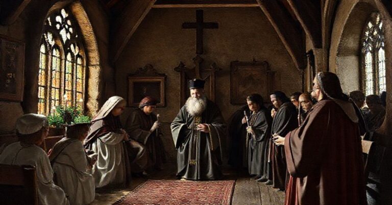 Portret Georga Gänsweina w tradycyjnym habitze katolickim przed ołtarzem w kościele z XIX wieku