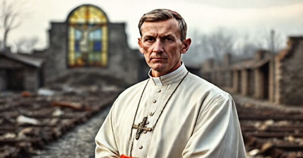 Portret Jana Karskiego w tradycyjnym ubraniu katolickim przed ruinami obozu koncentracyjnego